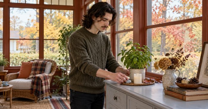 Autumn "Protection" Rituals: What They Are, Honestly, in Brief — editorial cover A man arranges a small stone and battery candle beside a basil plant on an autumn porch.