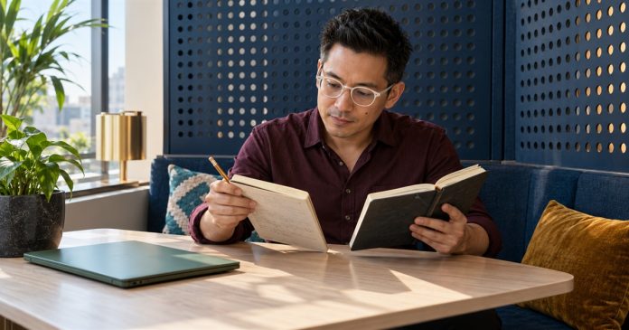 A man compares written observations in a notebook at a triangular desk.
