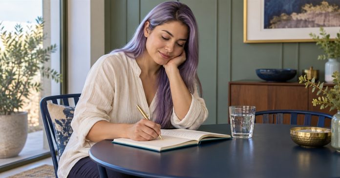 A woman writes in a notebook beside a glass of water.