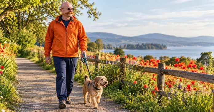 Raising Your Vibration: What the Phrase Means, 12 Ordinary Habits Behind It, and When a Symptom Needs a Doctor — cover A man walks a small dog along a sunny park path.