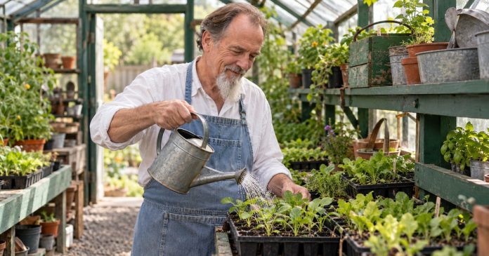 What Happens When Karma "Pays You Back"? The Honest Answer, in Brief — editorial cover A man waters young plants in a shared greenhouse.