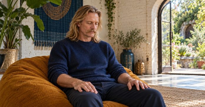 Using Reiki to Clear Your Mind: What It Really Does, in Brief — cover A man sits quietly with hands resting on his thighs in a bright loft.