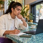 Energy Healing: 5 Essentials to Know Before You Book a Session A man reviews appointment information on a laptop at a cafe counter.