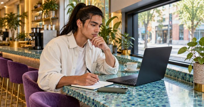 Energy Healing: 5 Essentials to Know Before You Book a Session — cover A man reviews appointment information on a laptop at a cafe counter.