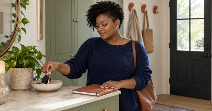A woman puts her keys into a bowl beside a planner at the end of the day.