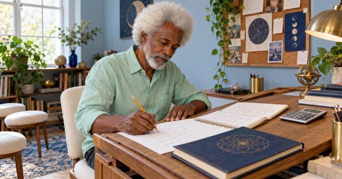 A man works through pencil calculations beside an open notebook.