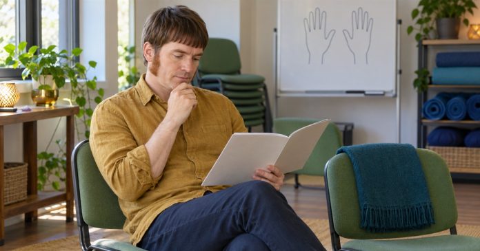 Reiki for Beginners: First Steps, Choosing a Level 1 Course and Honest Expectations — cover A man reads a course booklet in a quiet learning room.