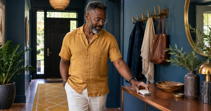 How to Protect Your Aura: Spiritual Practices and Six Practical Boundaries — cover A man sets his phone face down on an entryway console.