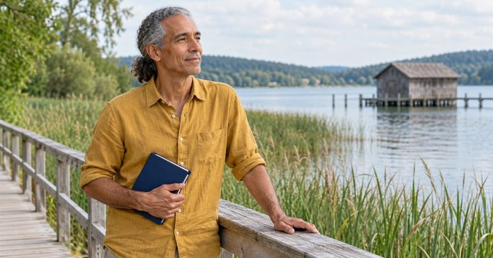 A man takes a quiet break beside reeds on a lakeside boardwalk.