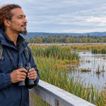 Spirit Animals: Where the Idea Comes From, Why Repeated Sightings Aren’t Messages, and an Honest Emblem Practice A man holds binoculars on a wetland boardwalk while observing a distant heron.
