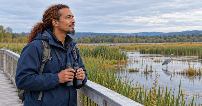 A man holds binoculars on a wetland boardwalk while observing a distant heron.