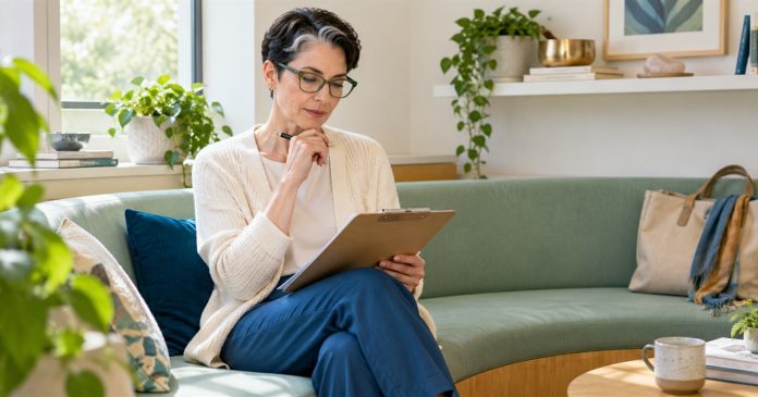 Reiki and Your Health: A Patient's Guide to Using It Alongside Medical Care — cover A woman reviews a clipboard of questions in a quiet resource room.