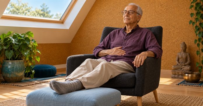 Chakra Work With Reiki: A 20-Minute Hands-On Body Scan, Without the Energy Claims — cover An older man rests a hand on his abdomen during a comfortable seated body scan.
