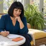 Emotions and Psychic Readings: What Really Changes, in Brief A woman pauses with written questions beside a face-down phone in a leafy conservatory.