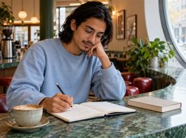 What Is a Karmic Lesson? Numerology’s Missing Numbers, in Brief A young man writes reflective notes in a journal at a green marble cafe counter.