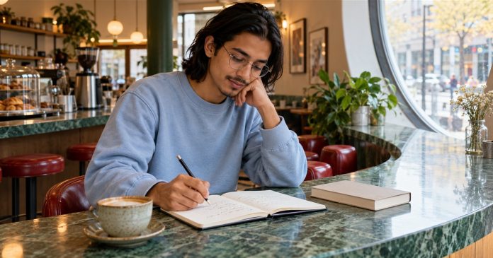 A young man writes reflective notes in a journal at a green marble cafe counter.