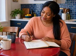 The Honeymoon Phase: What It Is, How Long It Lasts, and What Actually Keeps Couples Close After It A woman writes weekend plans beside two cups at a small kitchen table.
