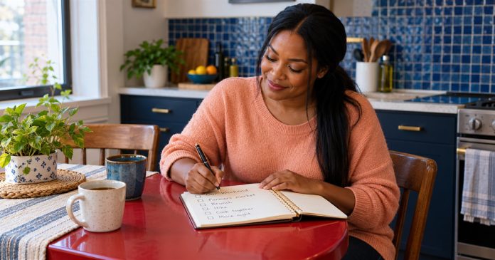 The Honeymoon Phase: What It Is, How Long It Lasts, and What Actually Keeps Couples Close After It — cover A woman writes weekend plans beside two cups at a small kitchen table.