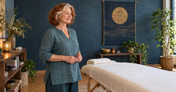 A woman prepares a quiet Reiki practice room beside an empty treatment table.