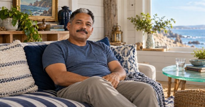 A man takes a quiet seated break beside a glass of water.