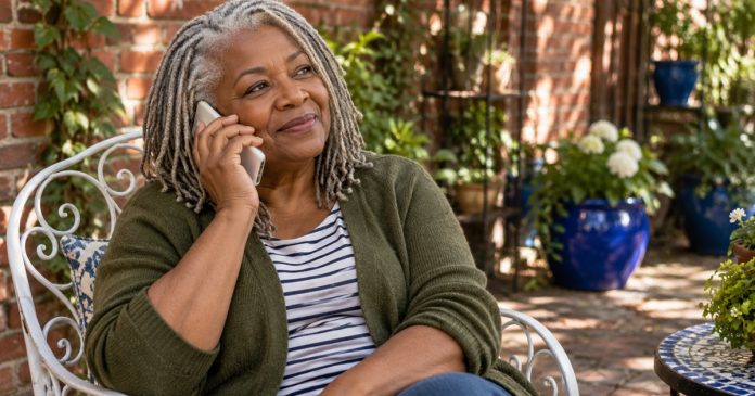 A silver-haired woman listens attentively on a white mobile phone in a sheltered courtyard.