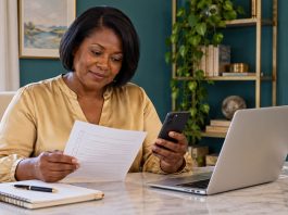PsychicOz Review: A Grounded Session and Energy-Boundary Guide A woman compares a printed checklist with her phone beside a laptop.