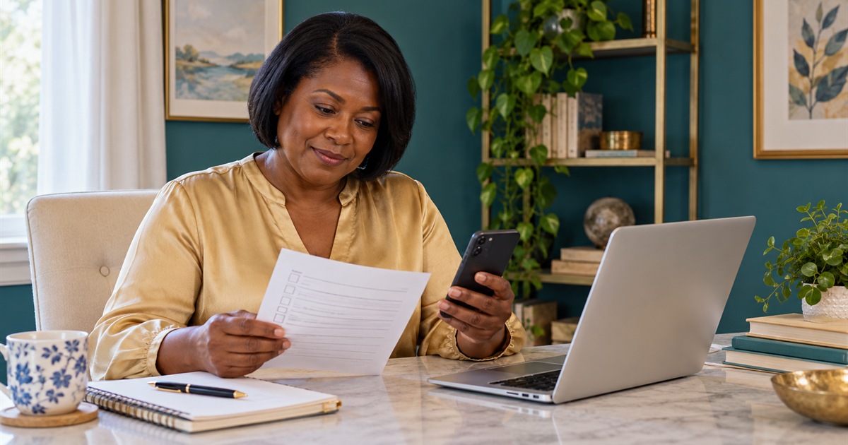 A woman compares a printed checklist with her phone beside a laptop.