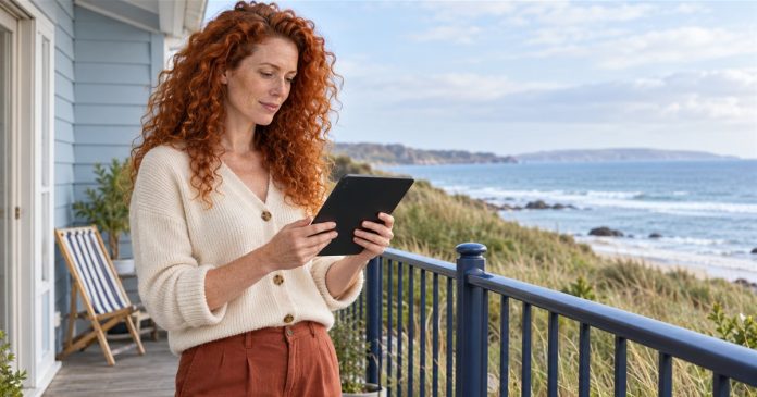 Misunderstandings of Reiki: Where They Come From, in Brief — editorial cover A red-haired woman reads a compact tablet on a quiet coastal balcony.