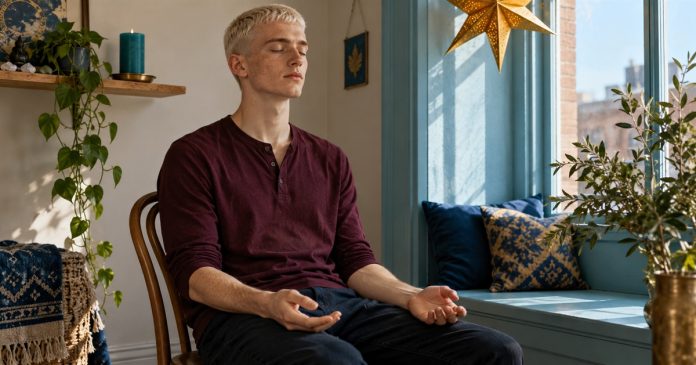 Asking Archangel Michael to Clear Your Energy: A 10-Minute Visualisation, Honestly Described — editorial cover A young man sits quietly with relaxed hands in a sunlit window niche.