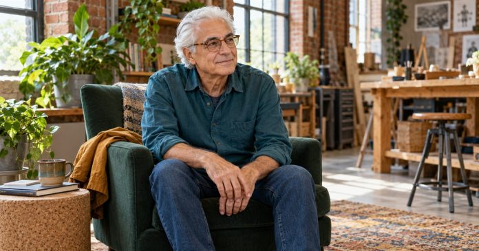 An older man takes a comfortable seated pause in a workshop break area.