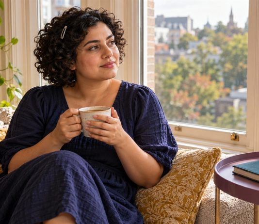 Reiki After Heartbreak: Comfort, Boundaries and Support A woman holds a cup of tea beside a closed journal in a quiet window seat.