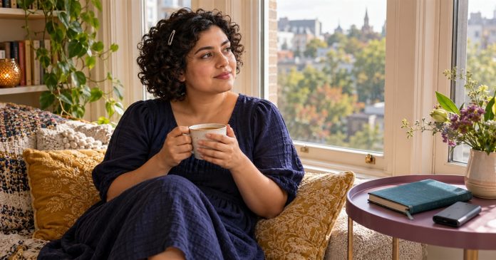 A woman holds a cup of tea beside a closed journal in a quiet window seat.