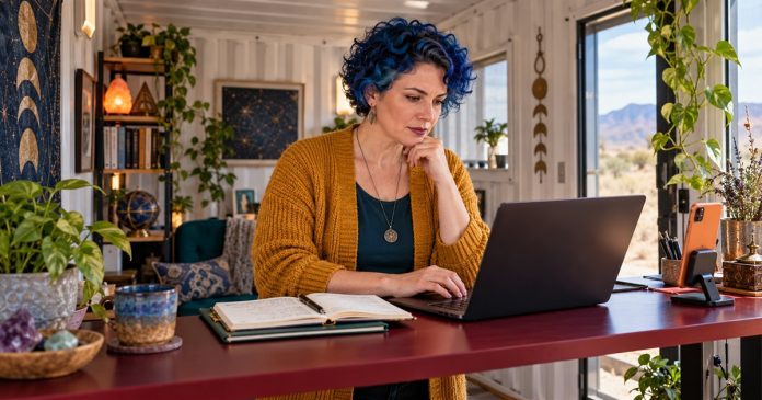 Avoiding Mistakes in Psychic Affiliate Marketing: 10 Errors, the Fix for Each, and the Disclosure Rule That Comes First — editorial cover A woman reviews an article draft on a laptop at a standing desk.