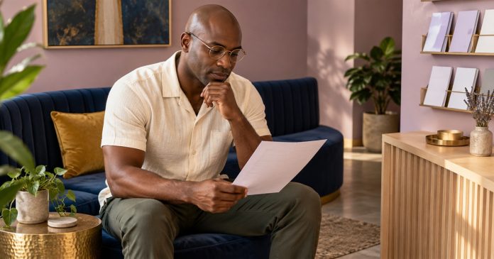 7 Common Reiki Claims: What to Check Before Booking — editorial cover A man reviews a plain information sheet in a quiet waiting area.
