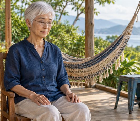 Using Meditation to Change Your Thinking: The One Skill It Trains, What the Evidence Says, and How to Start An older woman sits comfortably with her hands resting on her thighs on a quiet veranda.