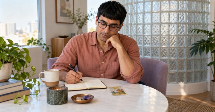 The Psychology of Tarot: Mental Wellness and Reflection in 2026 — editorial cover A man journals beside one tarot card at a white pedestal table.