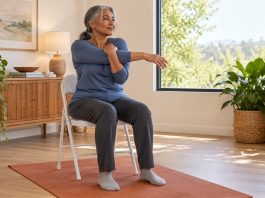 Mind-Body Approaches in Therapy: Evidence, Limits, and Safety A woman makes a gentle seated shoulder stretch in a bright living room.