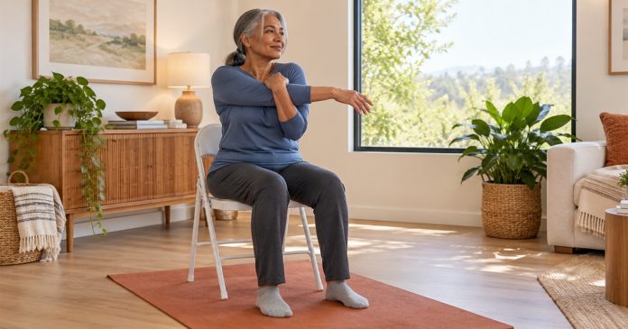 Mind-Body Approaches in Therapy: Evidence, Limits, and Safety — editorial cover A woman makes a gentle seated shoulder stretch in a bright living room.