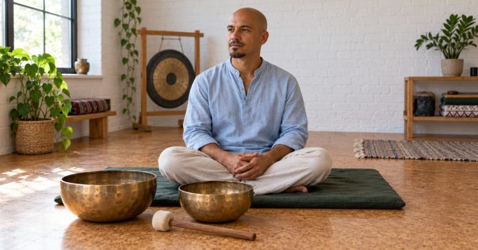 Sound Baths: What Research Suggests, What It Doesn’t, and How to Attend Safely — editorial cover A man sits beside two bronze singing bowls in a community music room.
