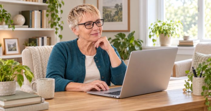 Reiki Safety: Online Research A woman researching Reiki safety online on a silver laptop in a bright home study.